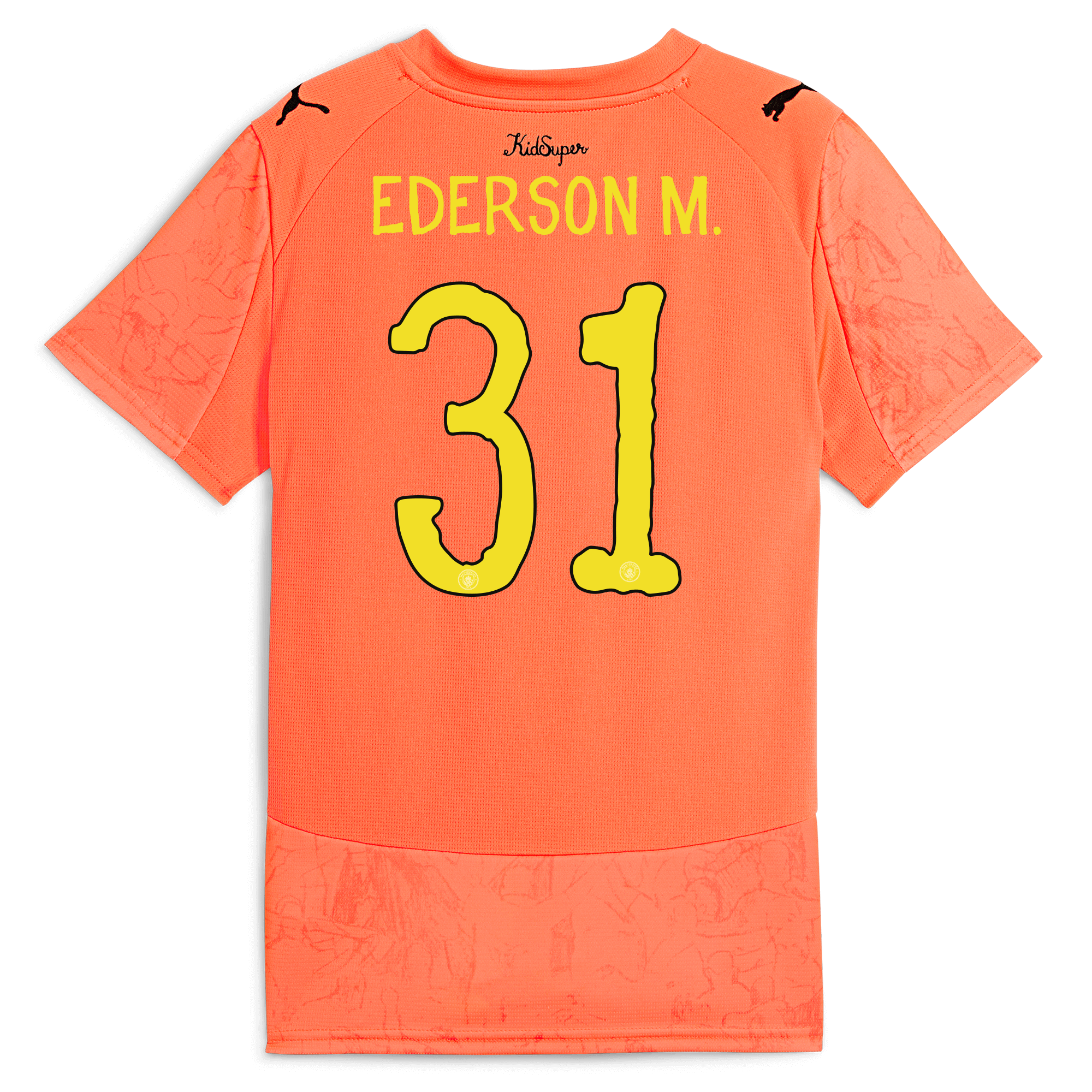 kids manchester city gk kidsuper jersey orange 202526 with ederson m. 31 printing Manchester City Shirts | Official Team Gear