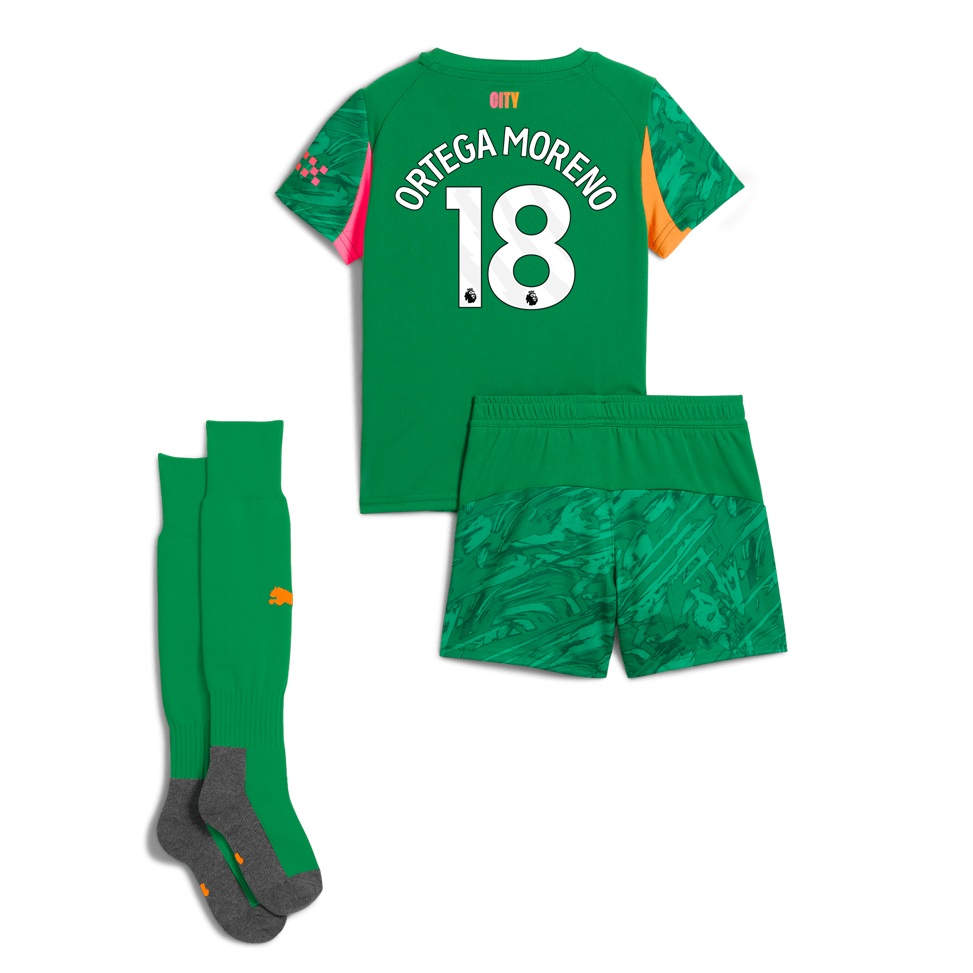 kids manchester city goalkeeper mini kit green 202526 with ortega moreno 18 printing Manchester City Shirts | Official Team Gear