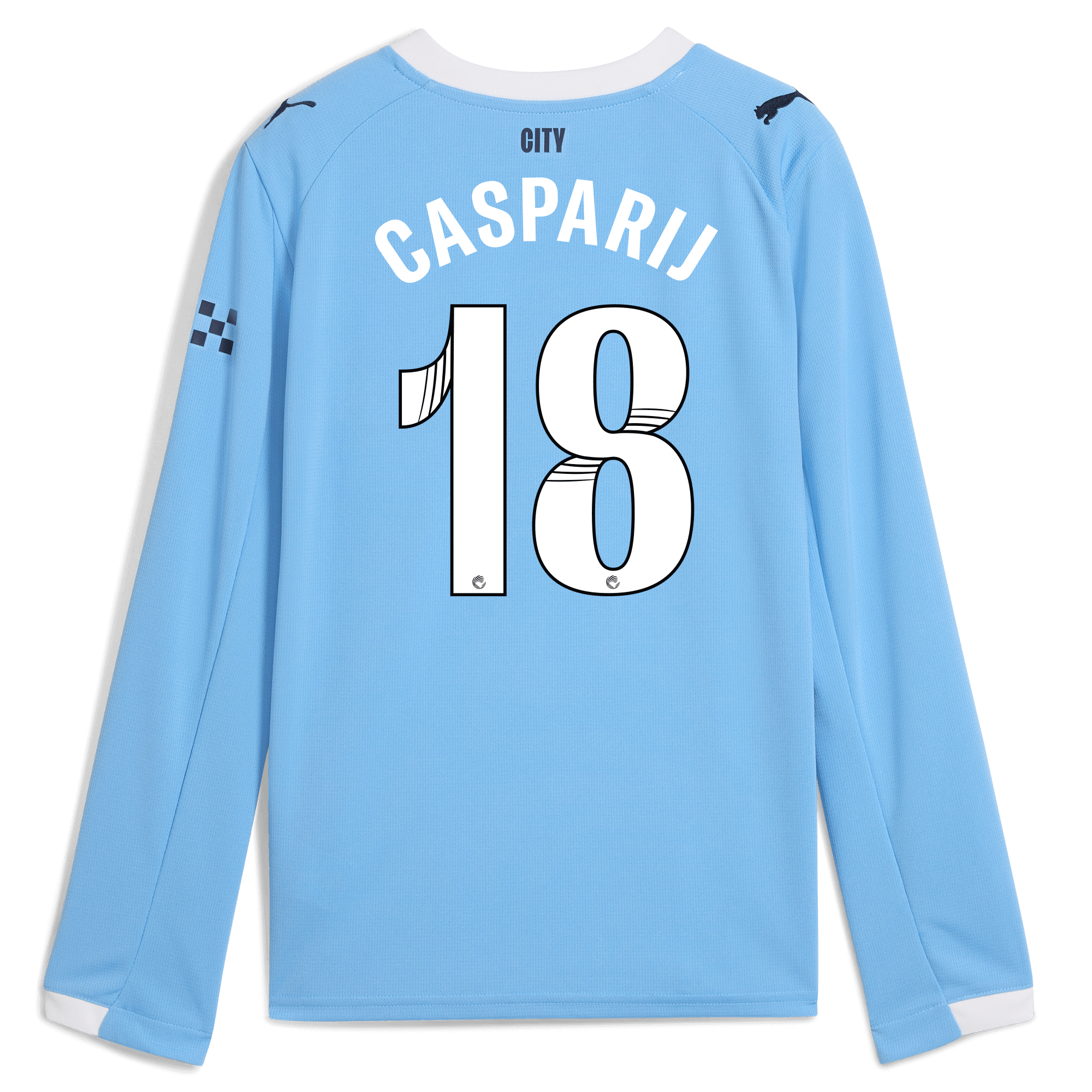kids manchester city home jersey 202526 long sleeve with casparij 18 printing Manchester City Shirts | Official Team Gear