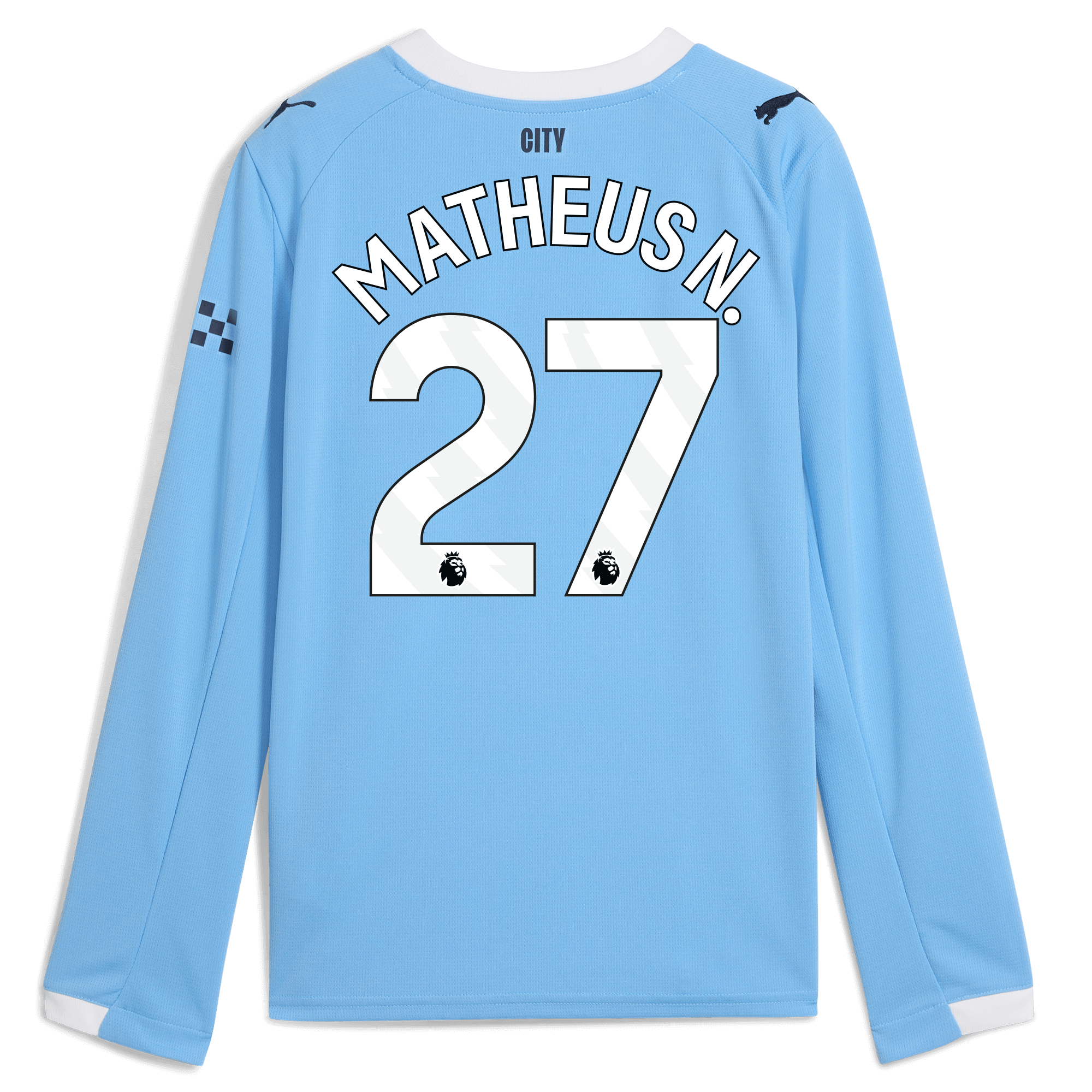 kids manchester city home jersey 202526 long sleeve with matheus n. 27 printing Manchester City Shirts | Official Team Gear