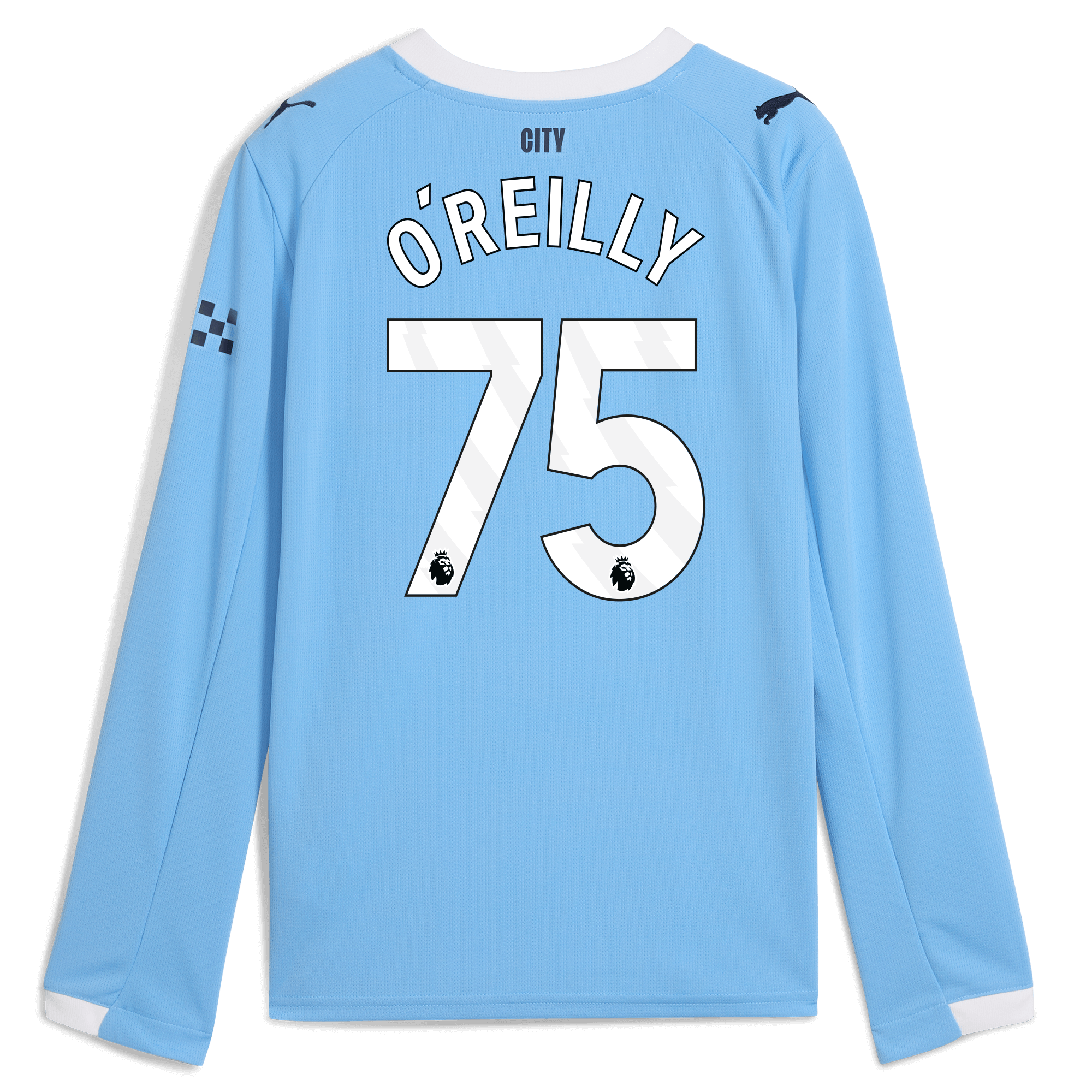 kids manchester city home jersey 202526 long sleeve with oreilly 75 printing Manchester City Shirts | Official Team Gear