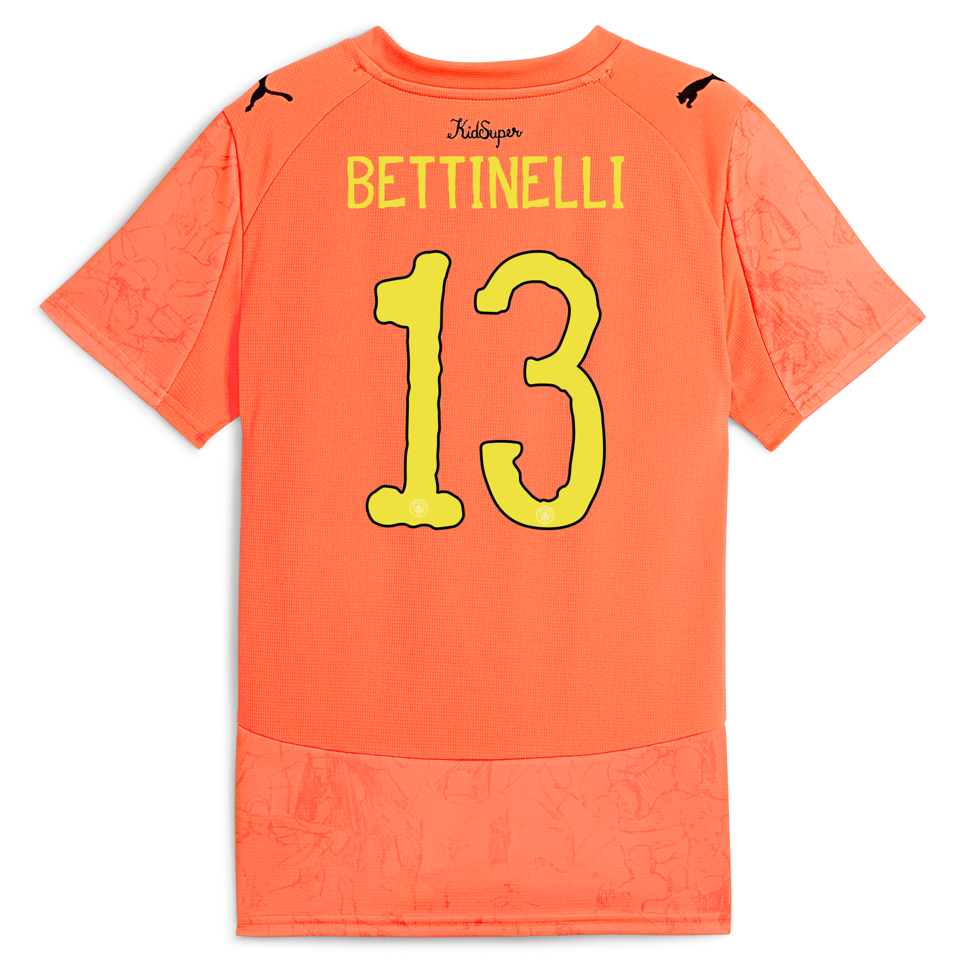 kids manchester city kidsuper jersey orange 202526 with bettinelli 13 printing Manchester City Shirts | Official Team Gear