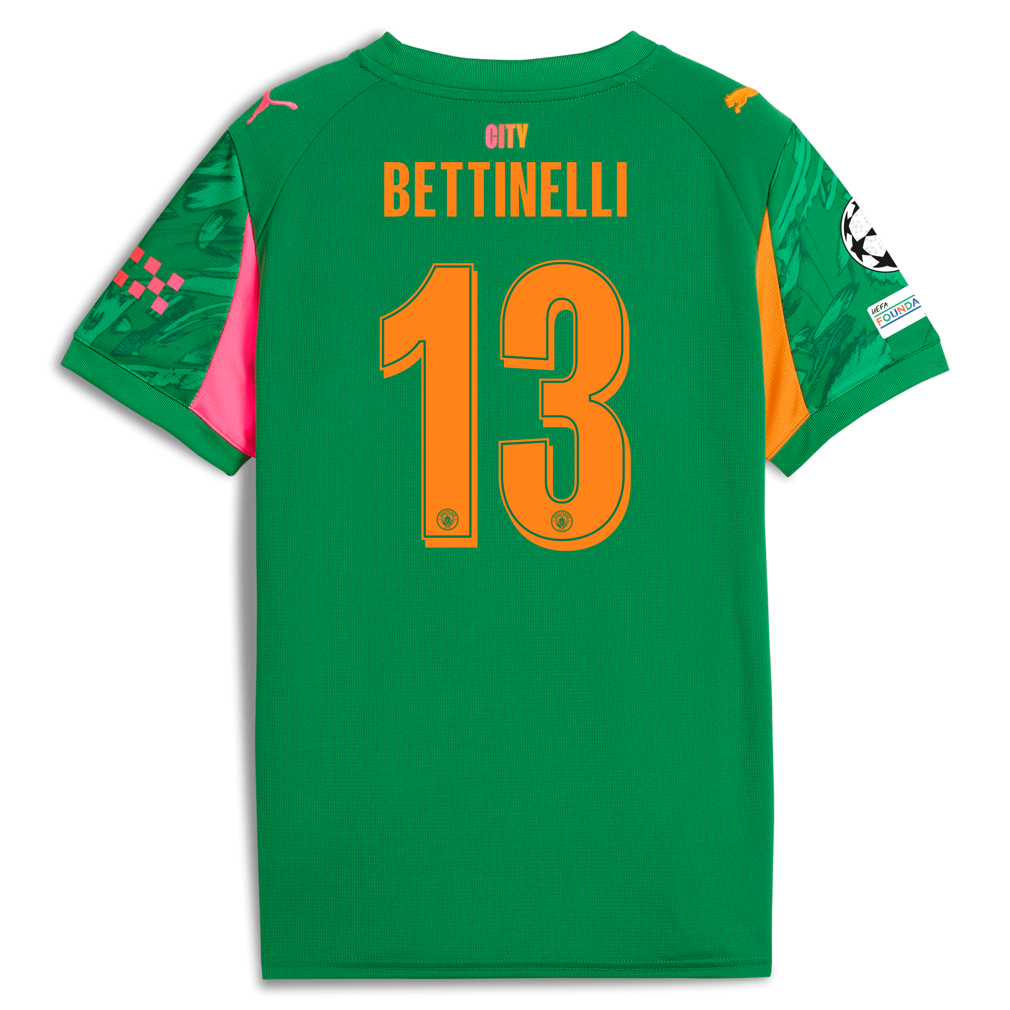 kids manchester city man city champions league goalkeeper jersey green 202526 with bettinelli 13 printing Manchester City Shirts | Official Team Gear