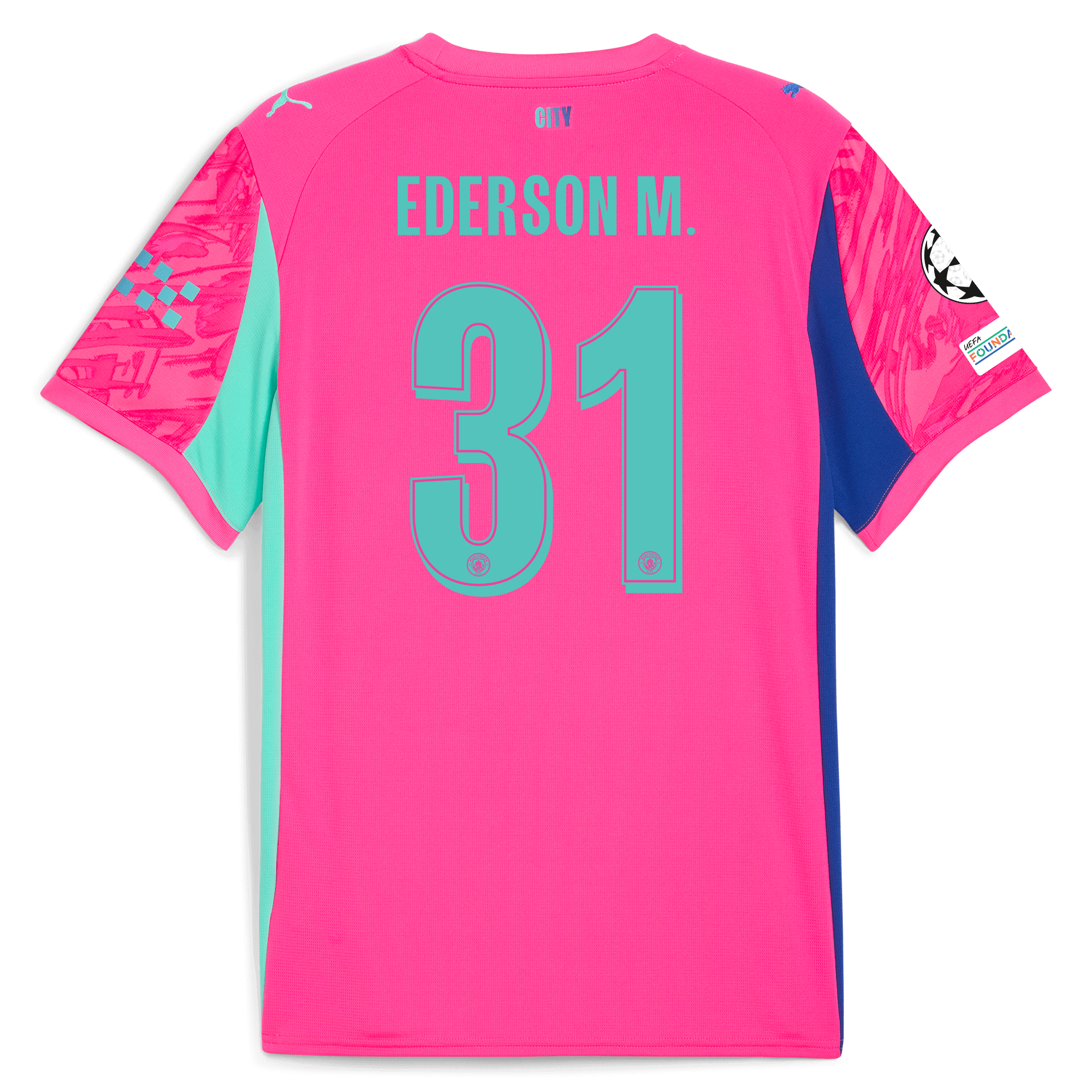 kids manchester city man city champions league goalkeeper jersey pink 202526 with ederson m. 31 printing Manchester City Shirts | Official Team Gear