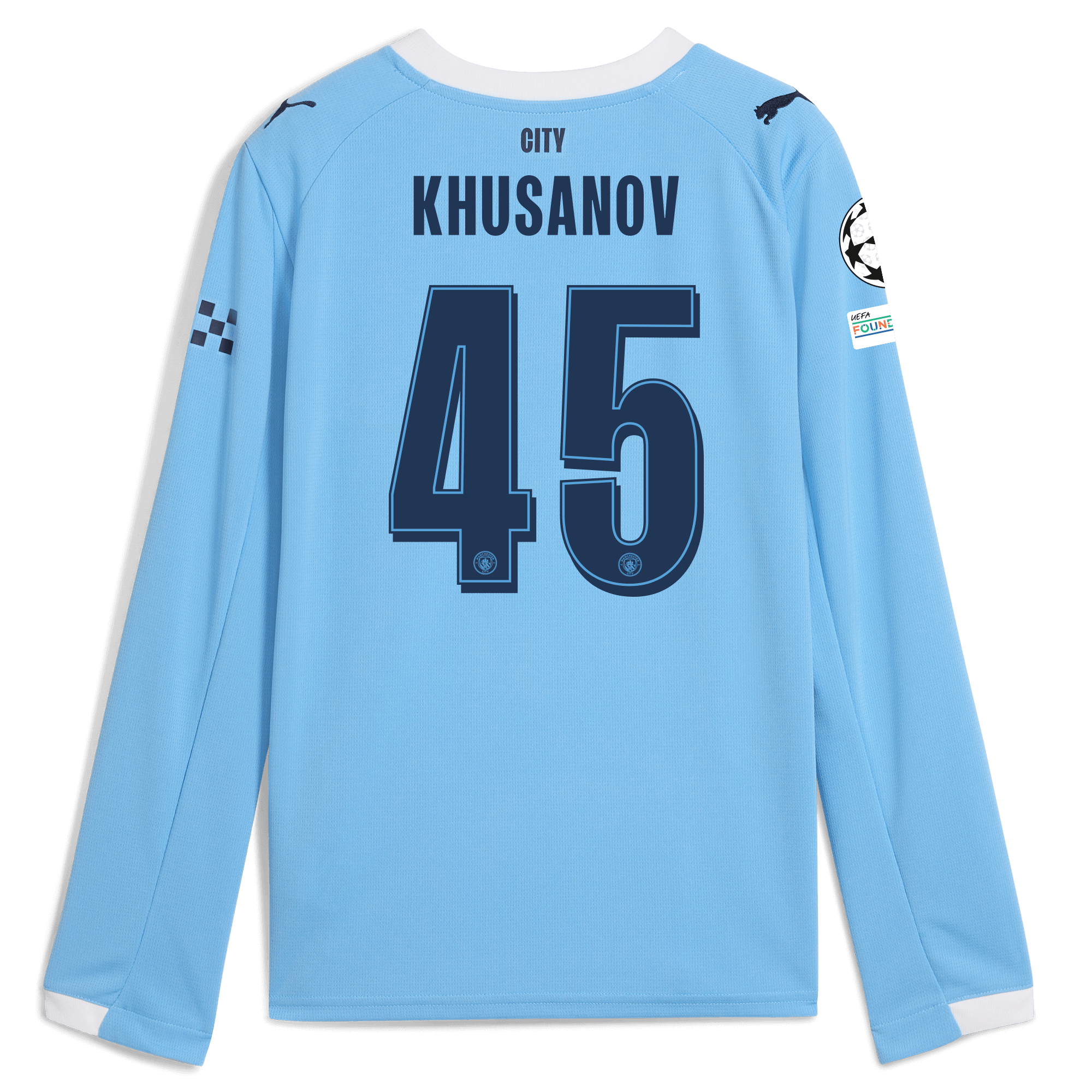 kids manchester city man city champions league home jersey 202526 long sleeve with khusanov 45 printing Manchester City Shirts | Official Team Gear