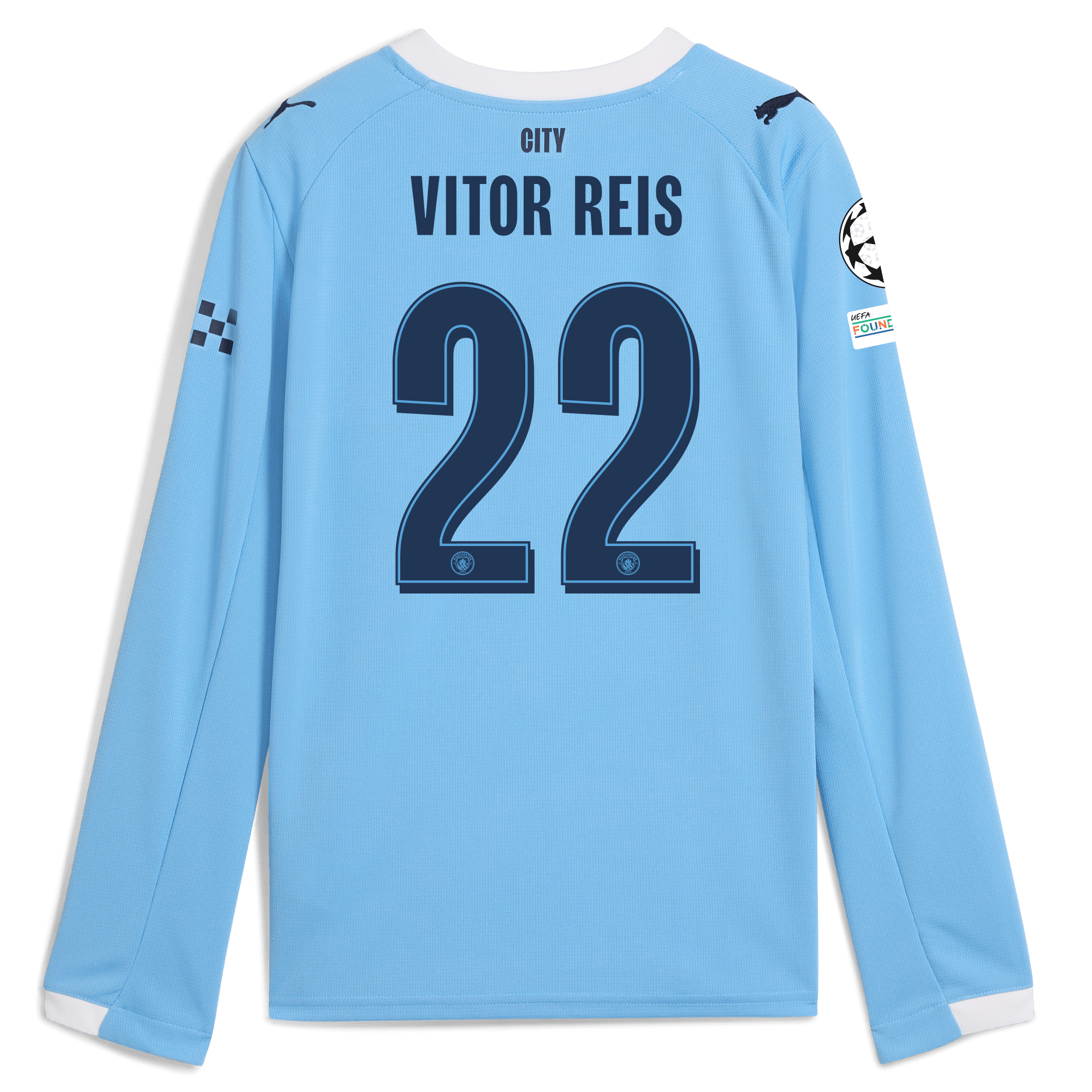 kids manchester city man city champions league home jersey 202526 long sleeve with vitor reis 22 printing Manchester City Shirts | Official Team Gear