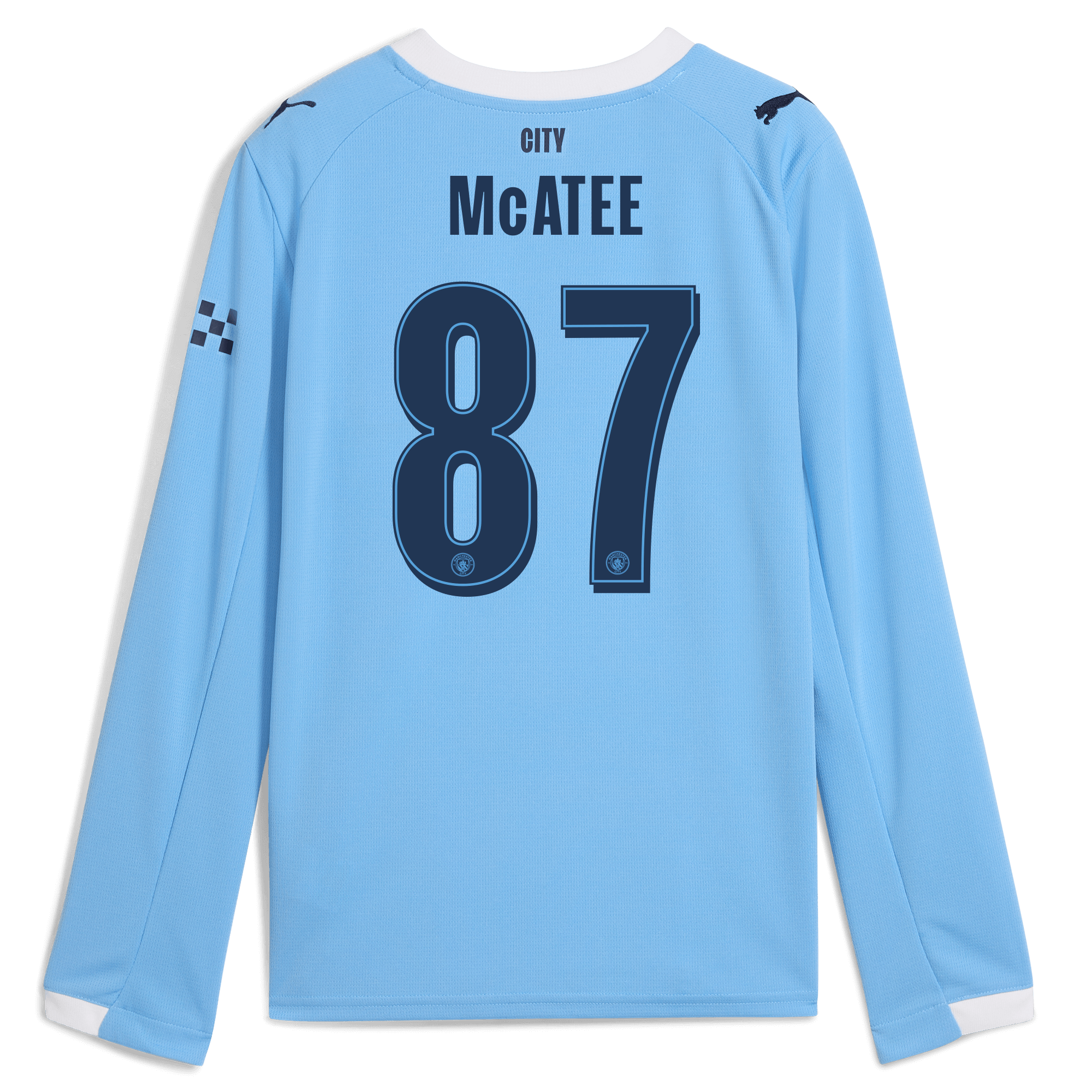 kids manchester city man city home jersey 202526 long sleeve with mcatee 87 printing Manchester City Shirts | Official Team Gear