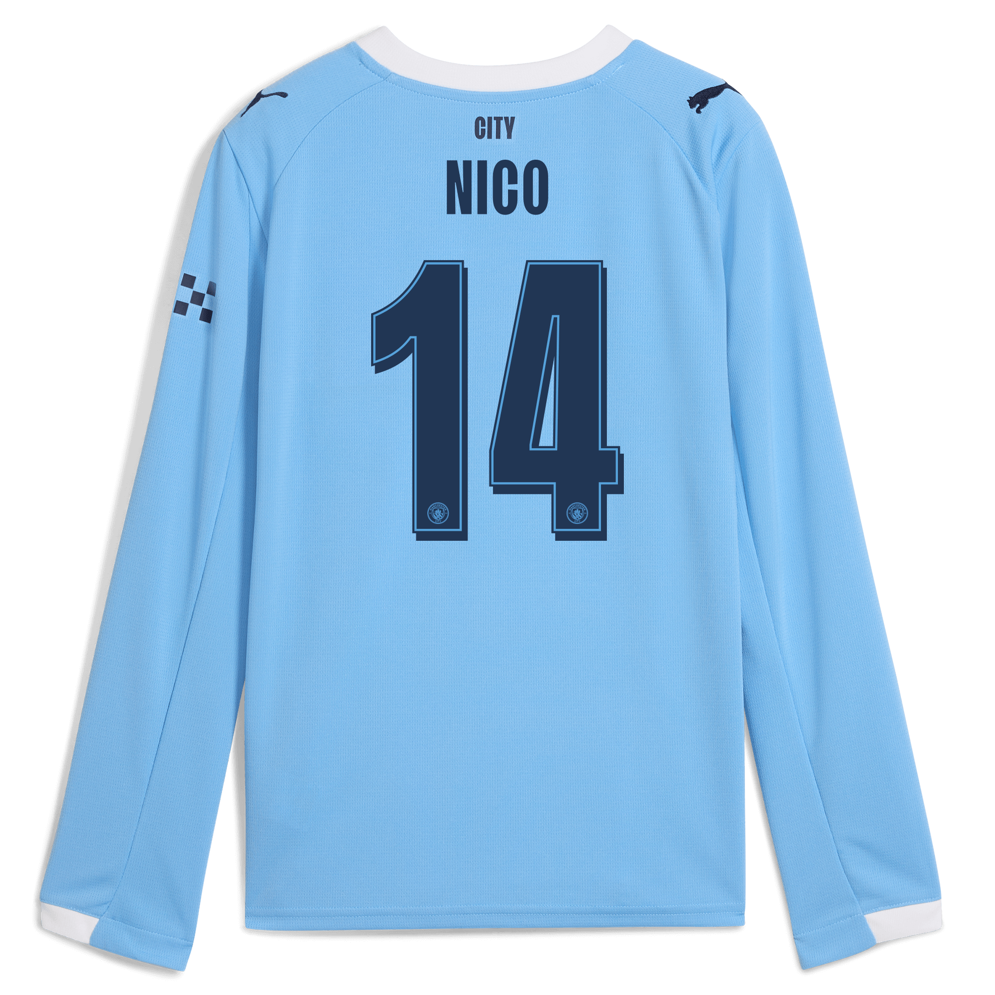 kids manchester city man city home jersey 202526 long sleeve with nico 14 printing Manchester City Shirts | Official Team Gear