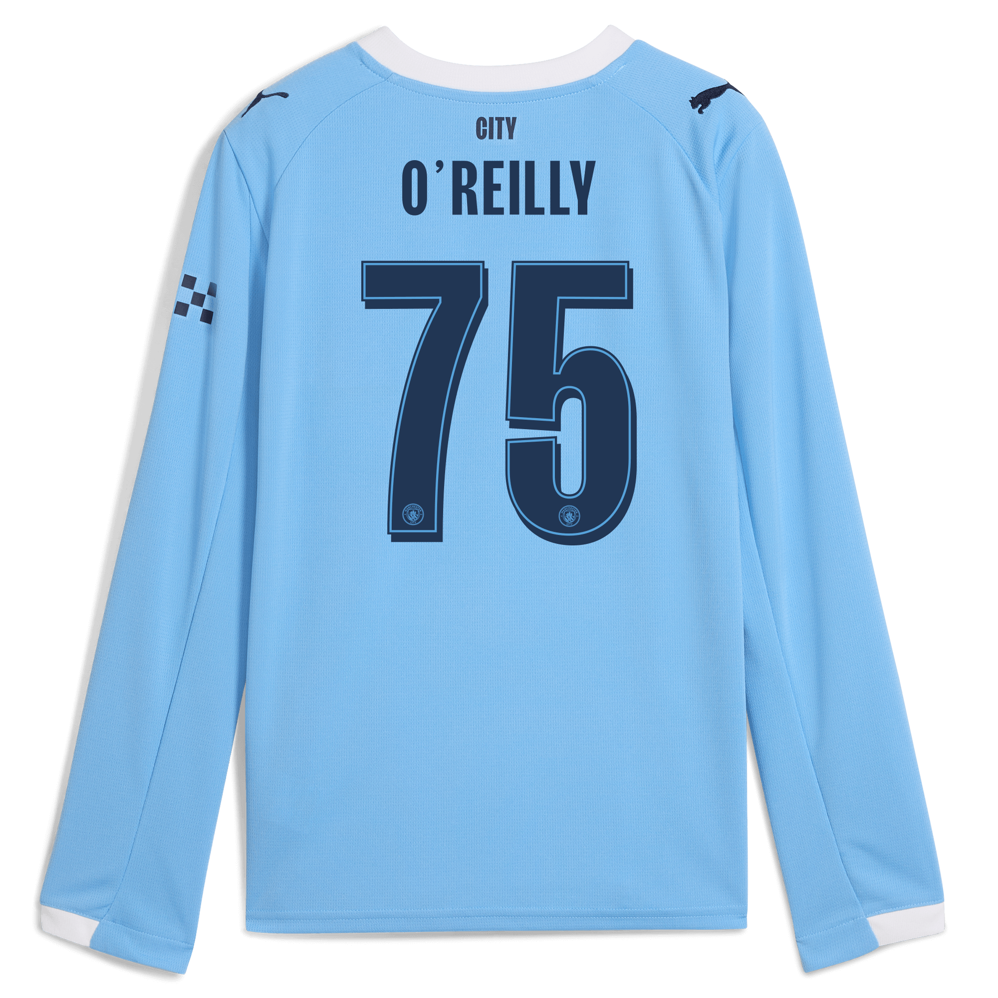 kids manchester city man city home jersey 202526 long sleeve with oreilly 75 printing Manchester City Shirts | Official Team Gear
