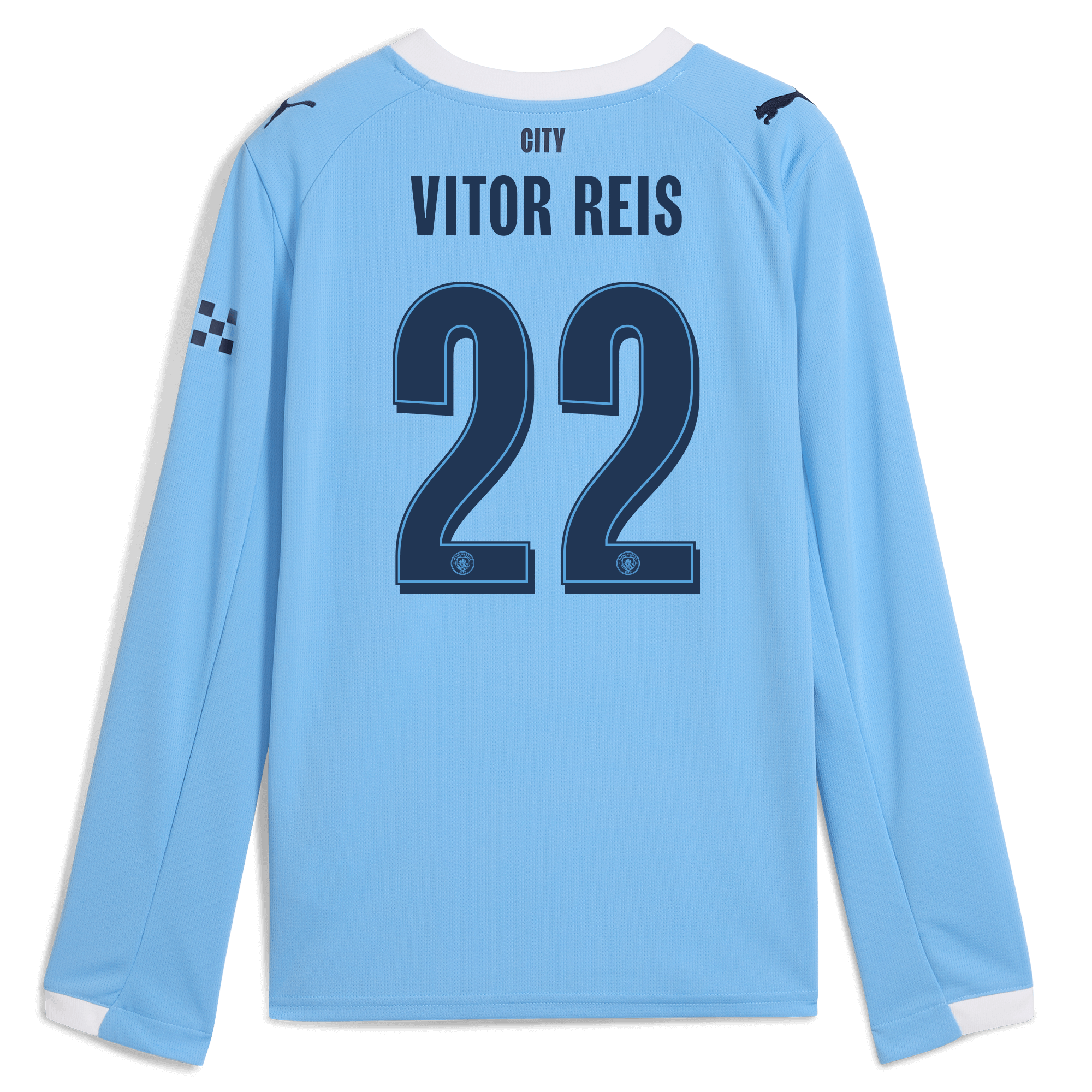 kids manchester city man city home jersey 202526 long sleeve with vitor reis 22 printing Manchester City Shirts | Official Team Gear