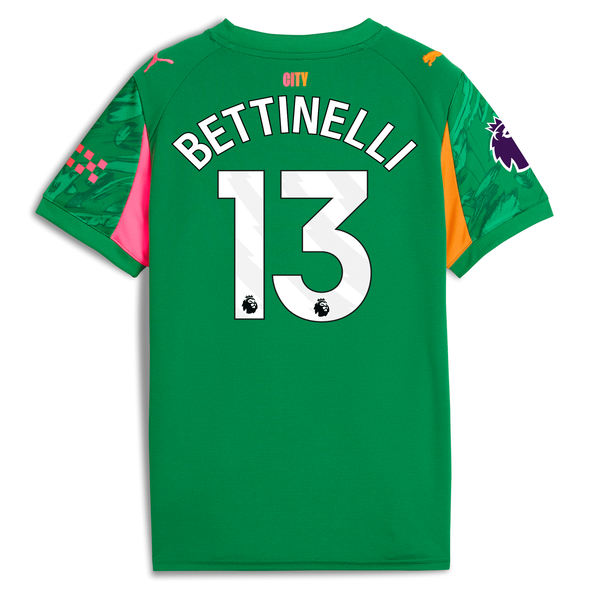 kids manchester city premier league goalkeeper jersey green 202526 with bettinelli 13 printing Manchester City Shirts | Official Team Gear