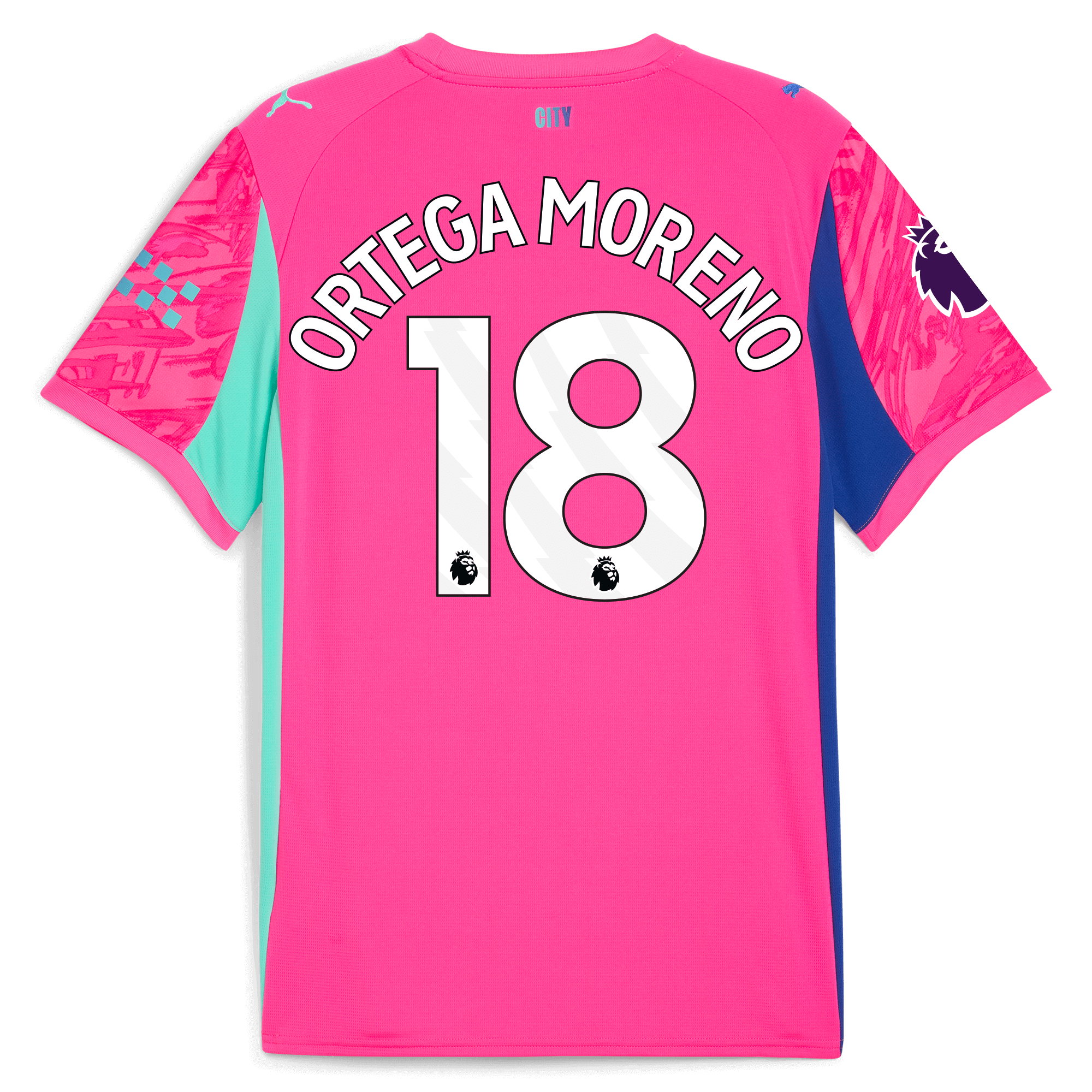 kids manchester city premier league goalkeeper jersey pink 202526 with ortega moreno 18 printing Manchester City Shirts | Official Team Gear