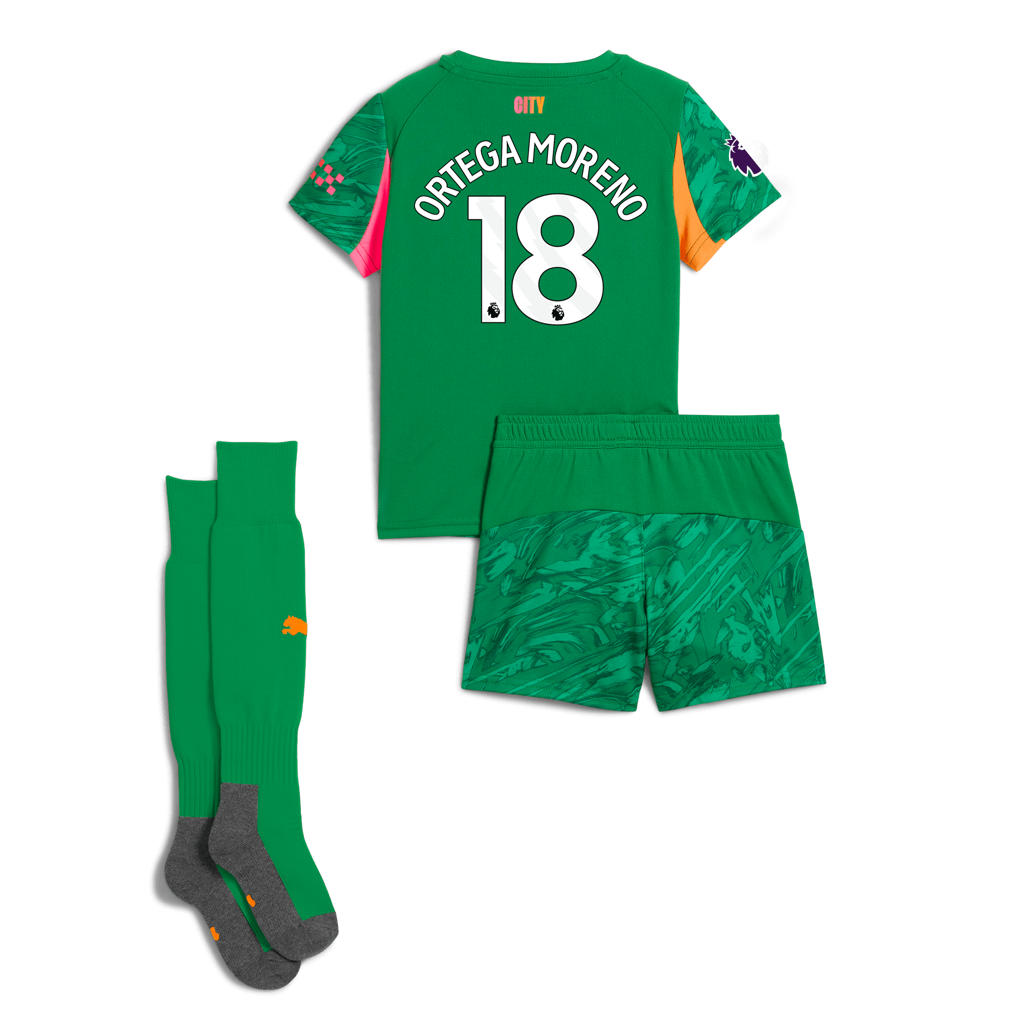 kids manchester city premier league goalkeeper mini kit green 202526 with ortega moreno 18 printing Manchester City Shirts | Official Team Gear