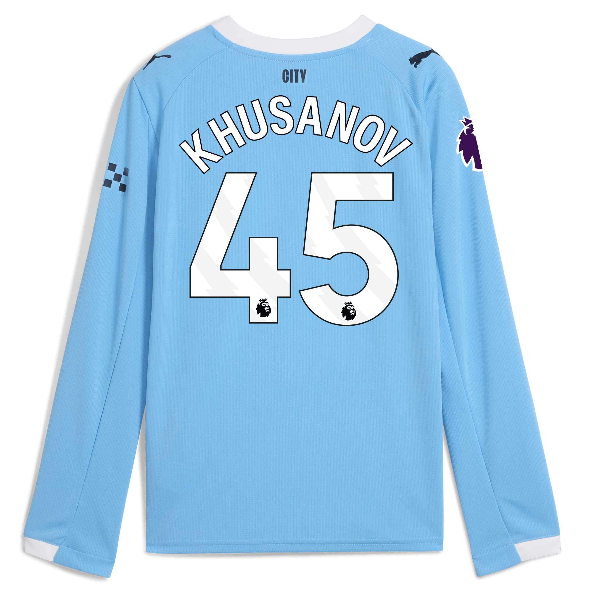 kids manchester city premier league home jersey 202526 long sleeve with khusanov 45 printing Manchester City Shirts | Official Team Gear