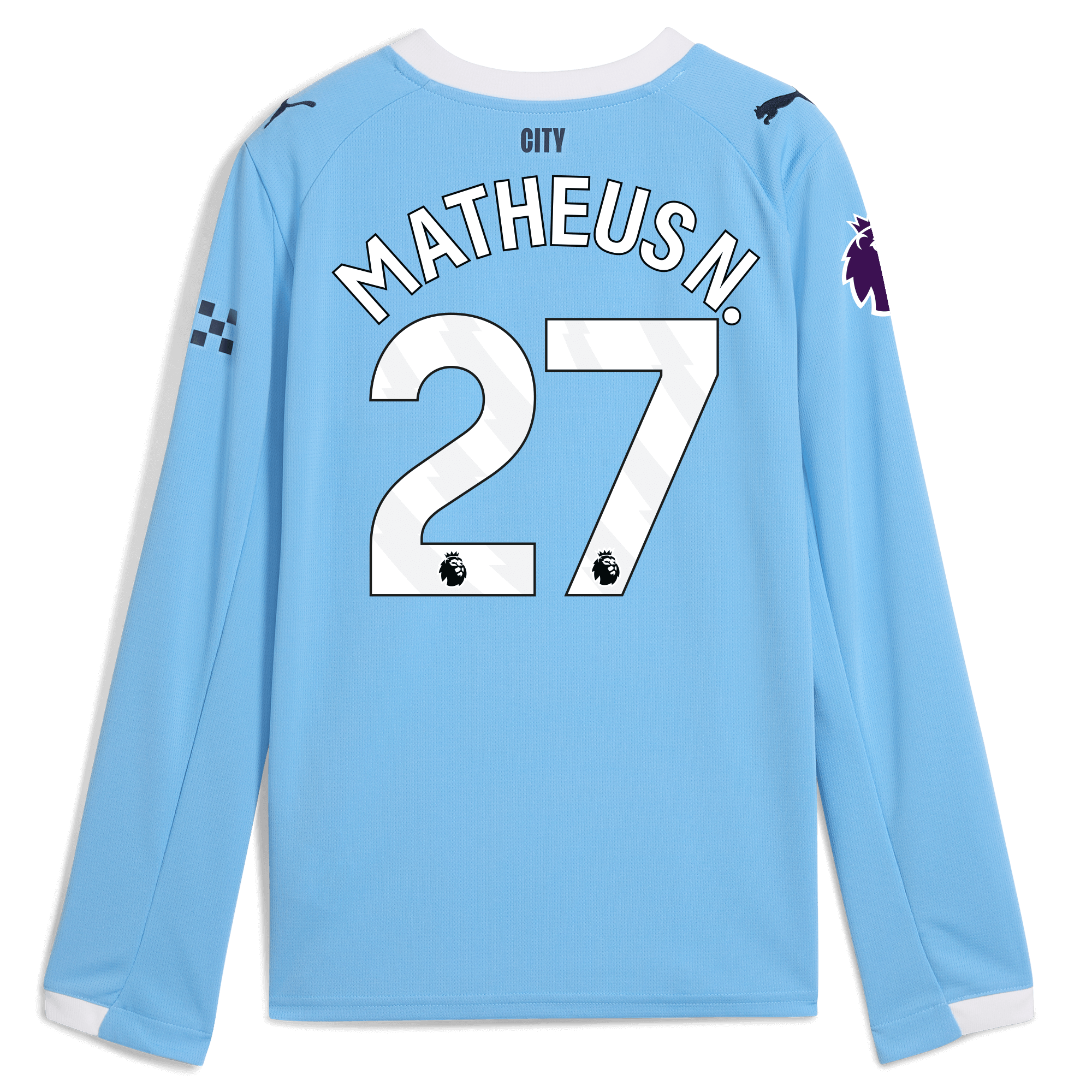 kids manchester city premier league home jersey 202526 long sleeve with matheus n. 27 printing Manchester City Shirts | Official Team Gear