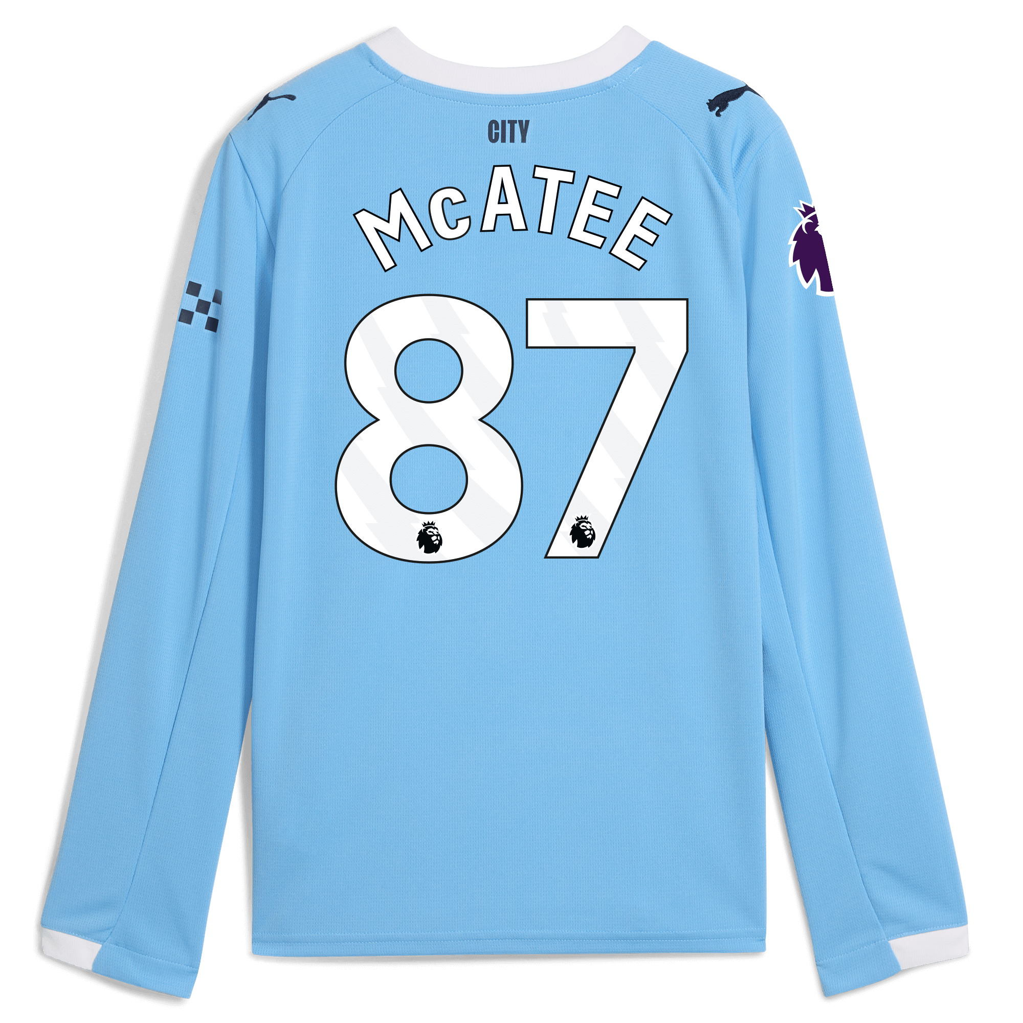 kids manchester city premier league home jersey 202526 long sleeve with mcatee 87 printing Manchester City Shirts | Official Team Gear