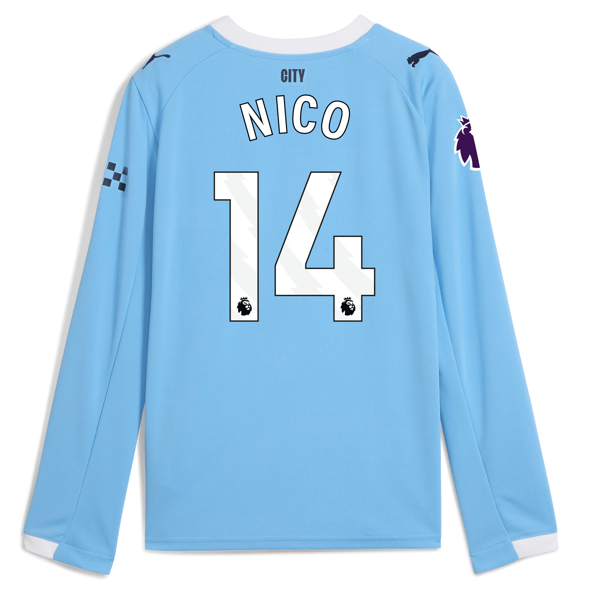 kids manchester city premier league home jersey 202526 long sleeve with nico 14 printing Manchester City Shirts | Official Team Gear