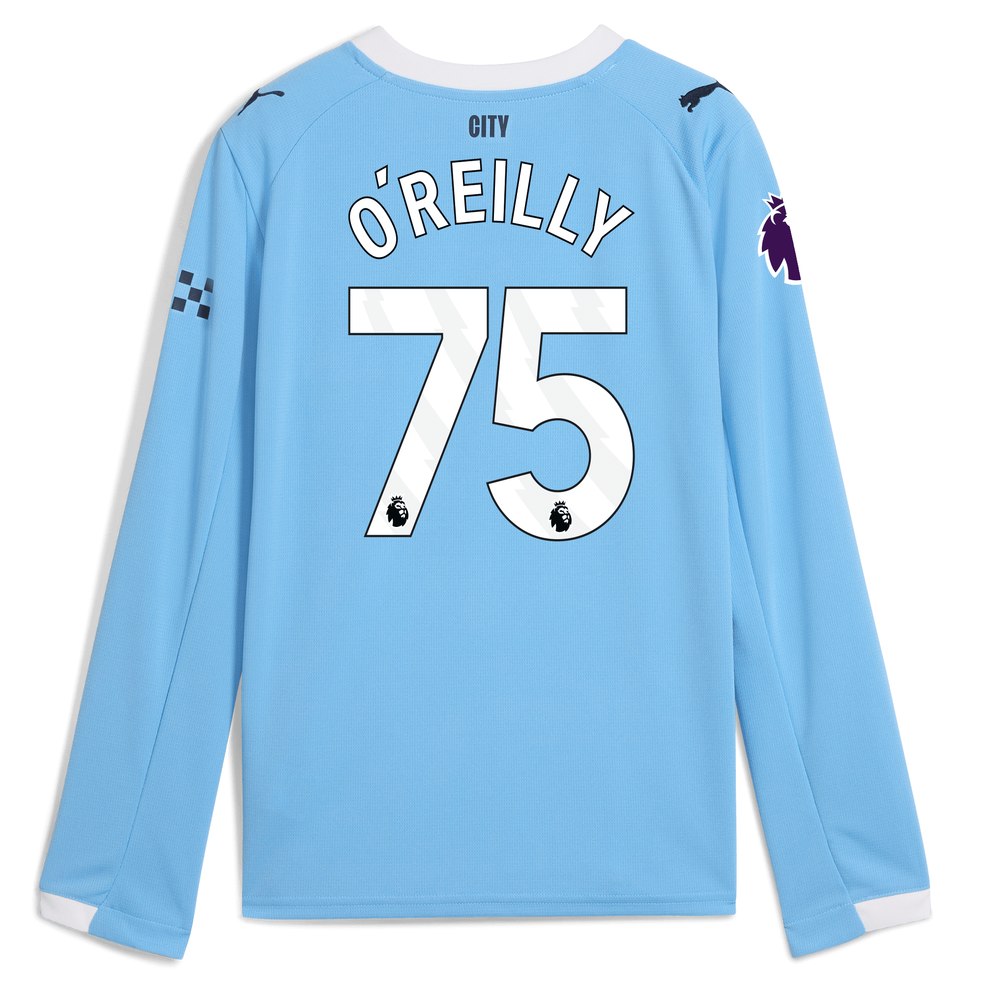 kids manchester city premier league home jersey 202526 long sleeve with oreilly 75 printing Manchester City Shirts | Official Team Gear