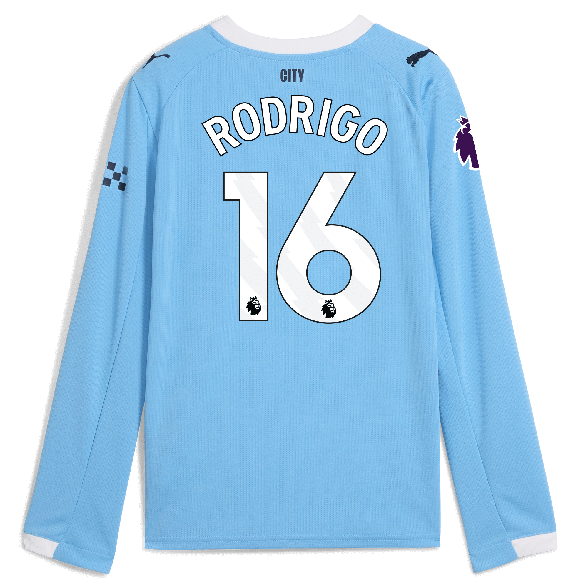 kids manchester city premier league home jersey 202526 long sleeve with rodrigo 16 printing Manchester City Shirts | Official Team Gear