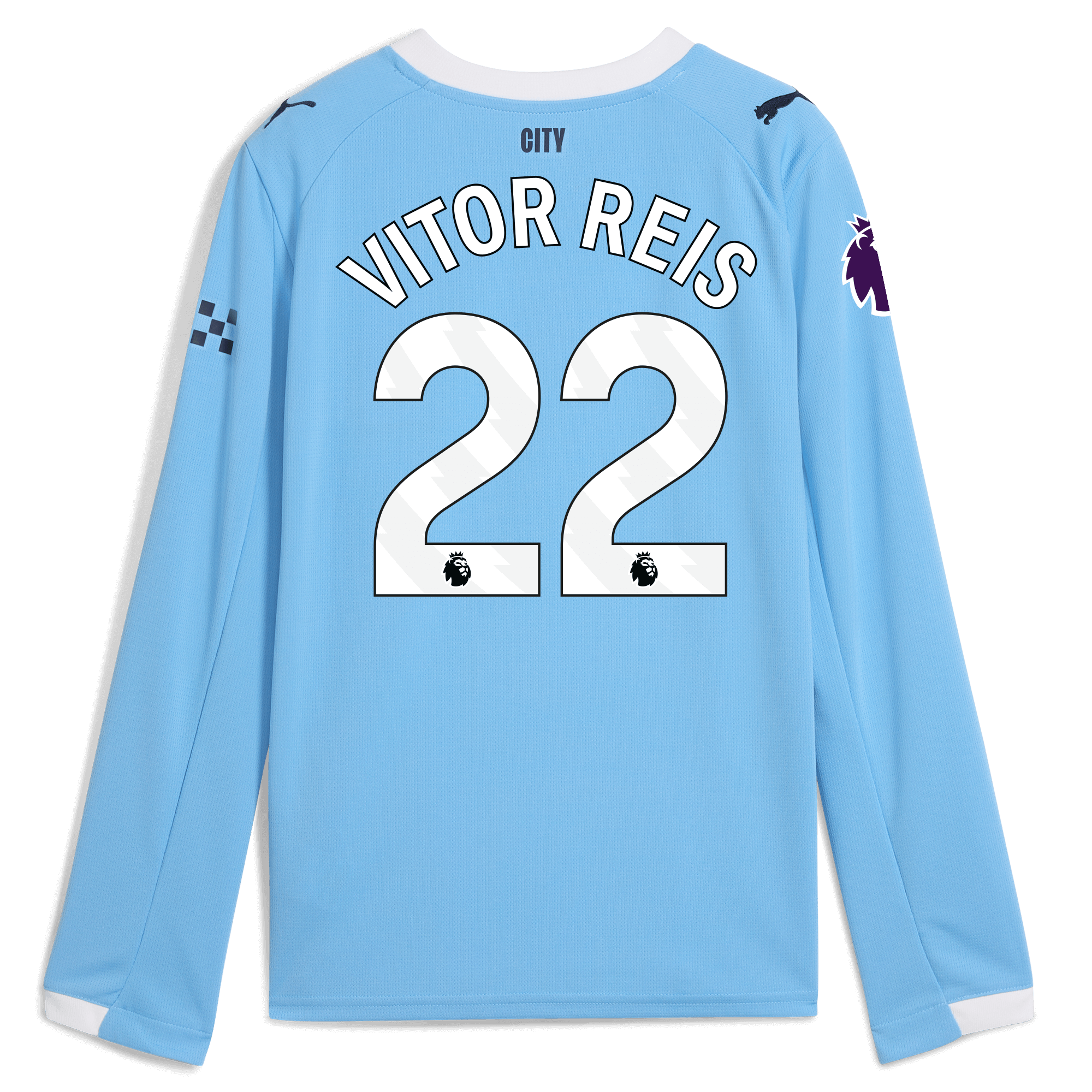 kids manchester city premier league home jersey 202526 long sleeve with vitor reis 22 printing Manchester City Shirts | Official Team Gear