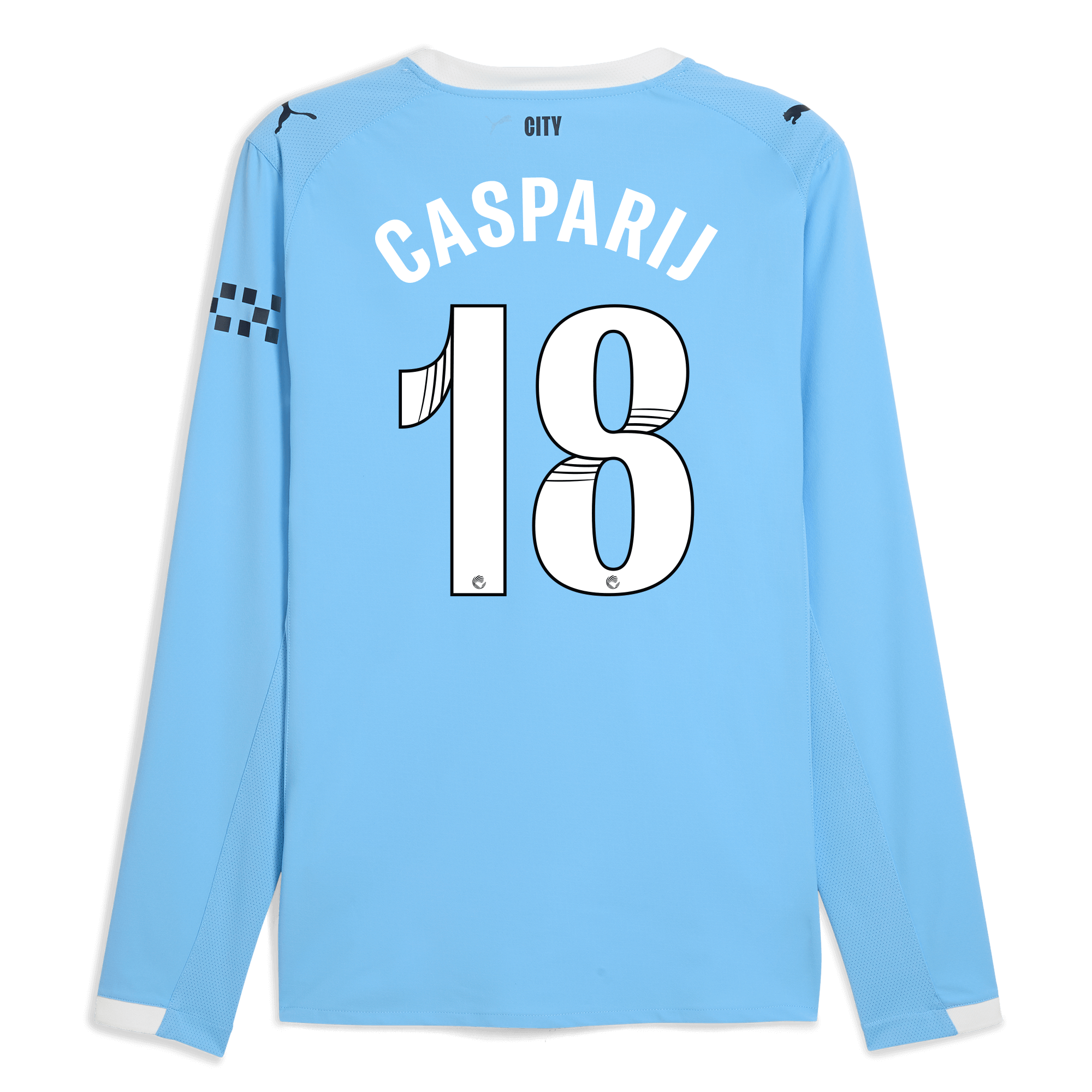 manchester city home authentic jersey 202526 long sleeve with casparij 18 printing Manchester City Shirts | Official Team Gear