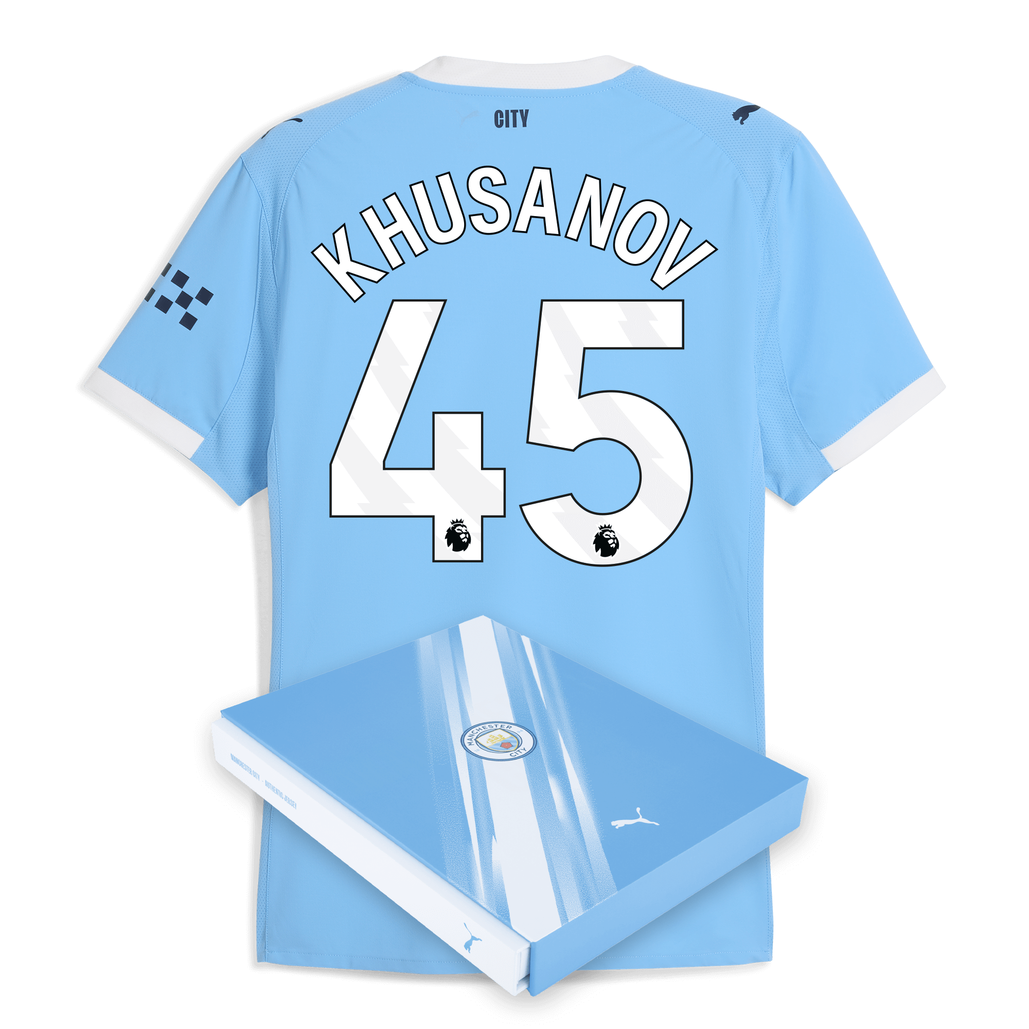 manchester city home authentic jersey 202526 with khusanov 45 printing in gift box Manchester City Shirts | Official Team Gear