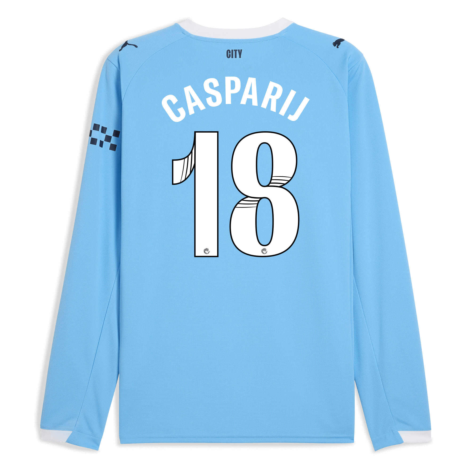 manchester city home jersey 202526 long sleeve with casparij 18 printing Manchester City Shirts | Official Team Gear