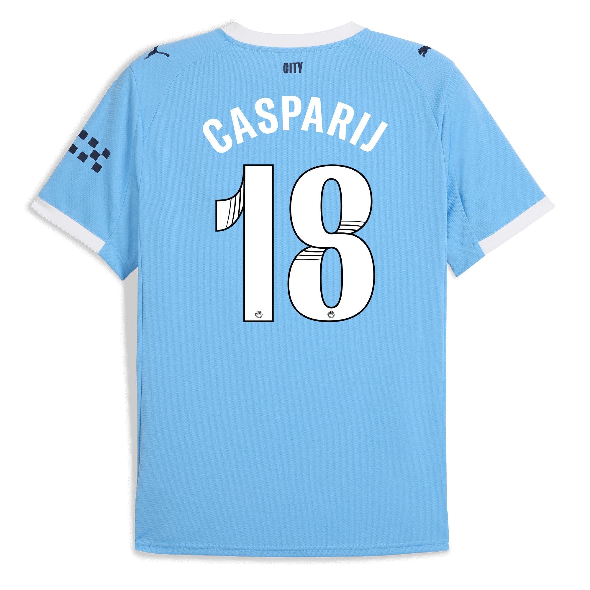 manchester city home jersey 202526 with casparij 18 printing Manchester City Shirts | Official Team Gear