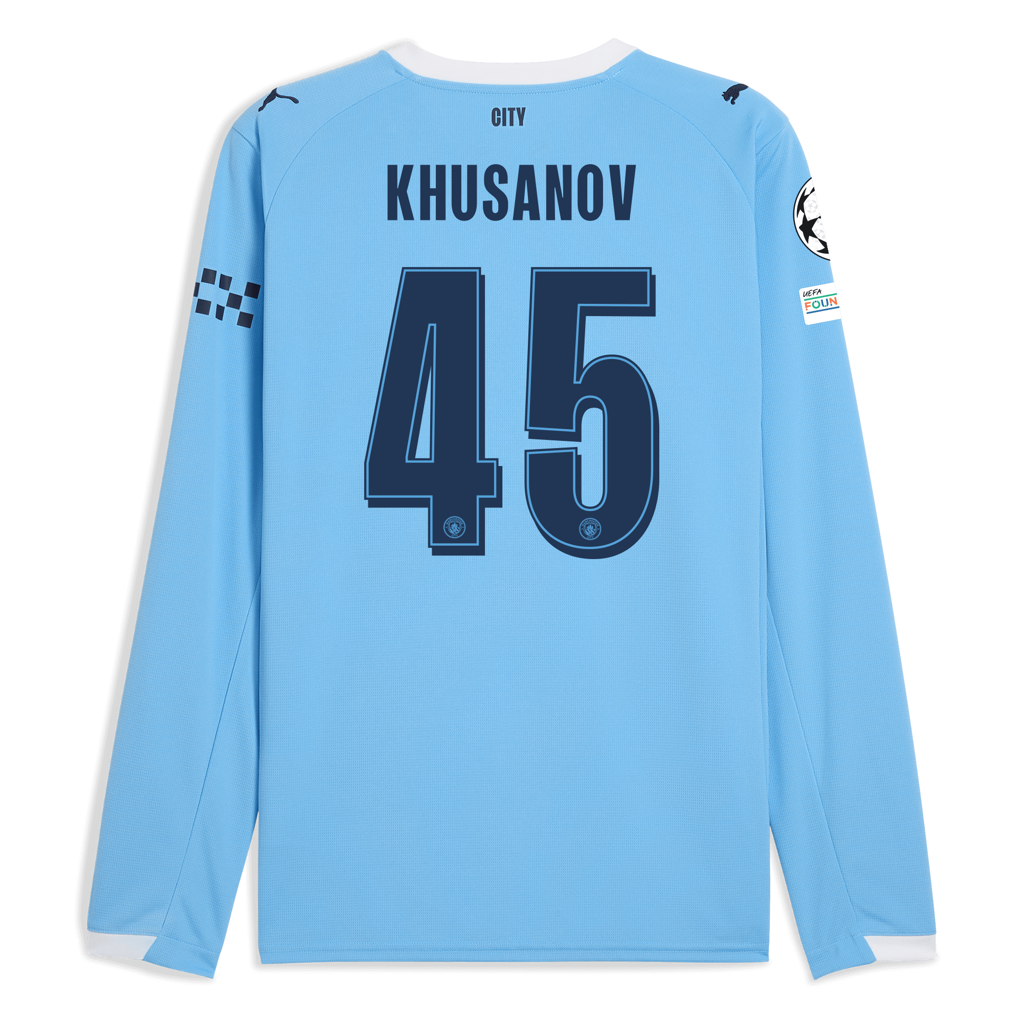 manchester city man city champions league home jersey 202526 long sleeve with khusanov 45 printing Manchester City Shirts | Official Team Gear