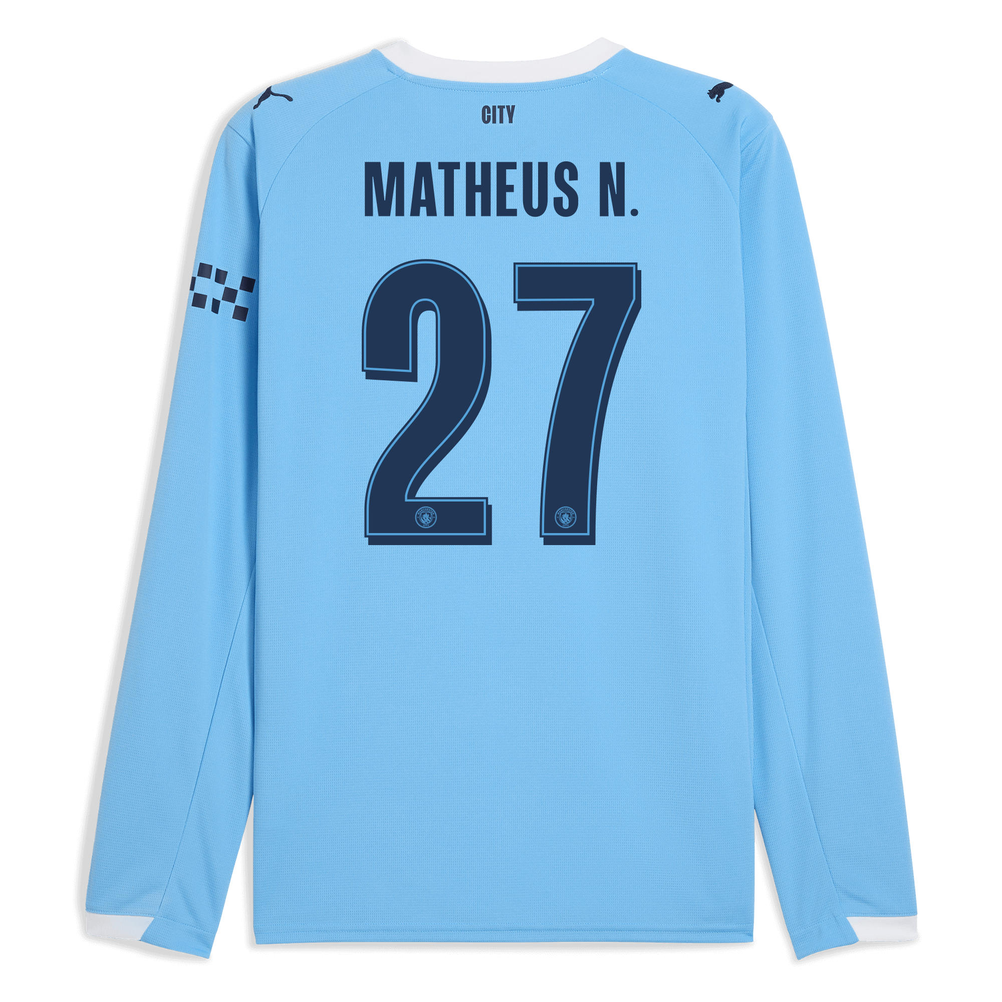 manchester city man city home jersey 202526 long sleeve with matheus n. 27 printing Manchester City Shirts | Official Team Gear