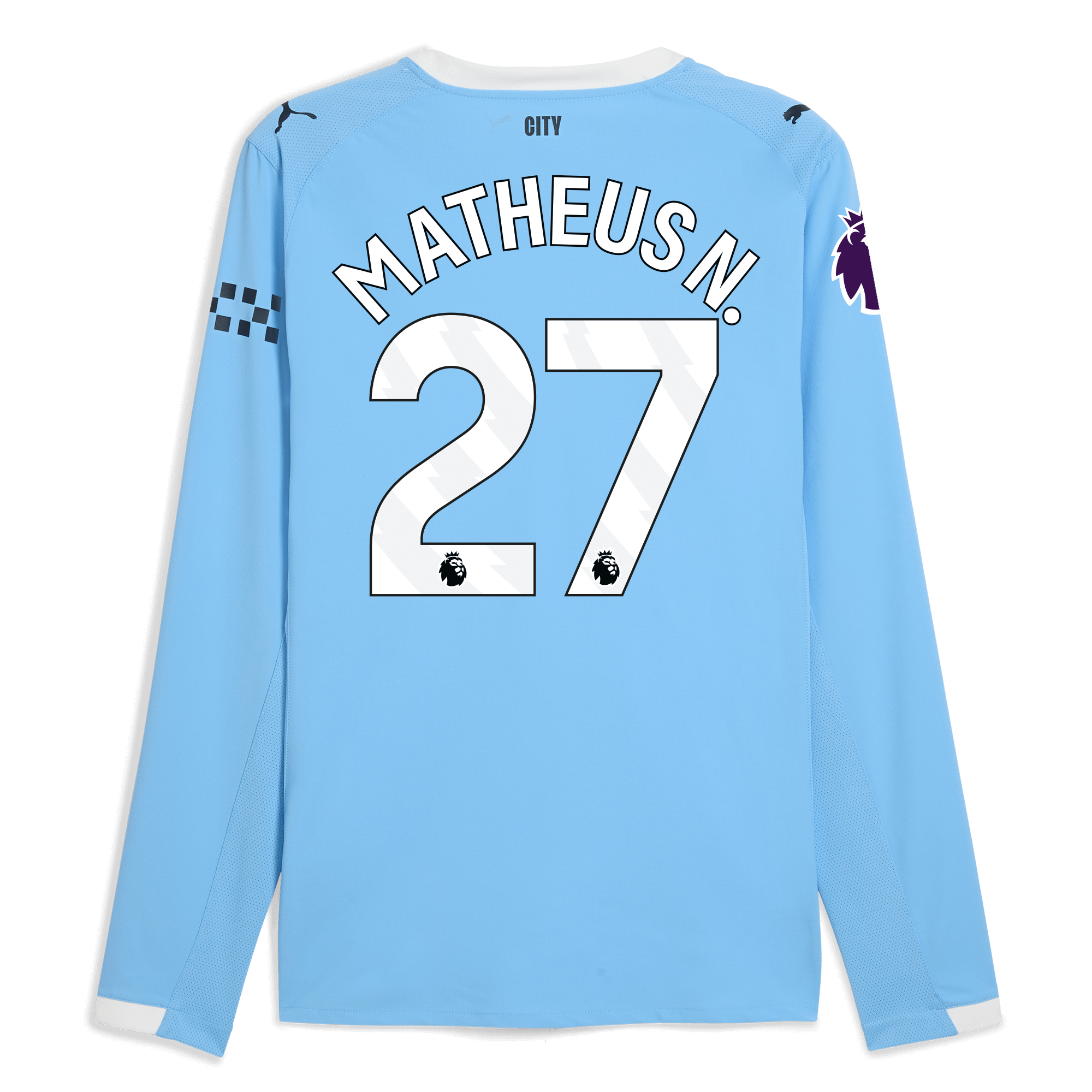 manchester city premier league home authentic jersey 202526 long sleeve with matheus n. 27 printing Manchester City Shirts | Official Team Gear