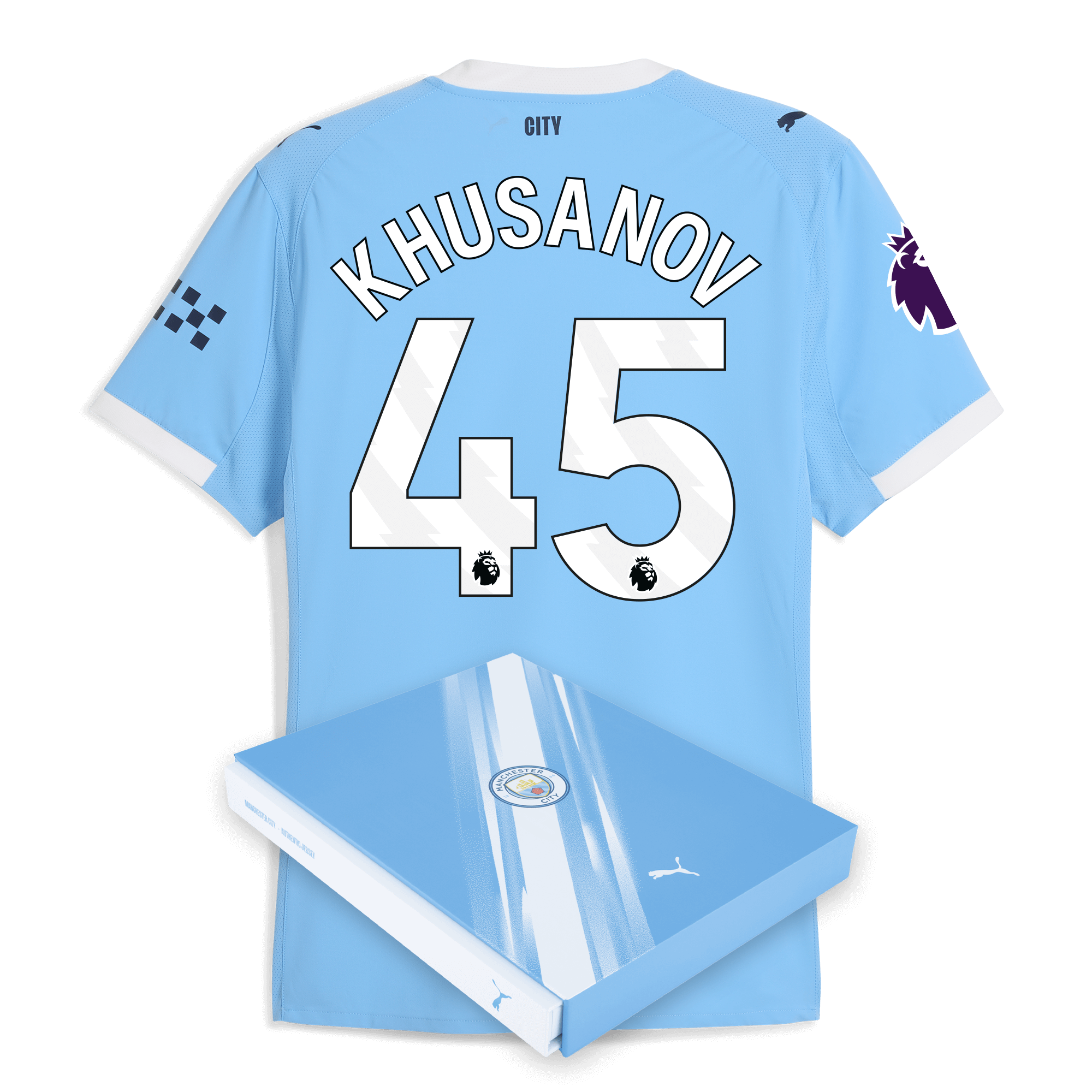 manchester city premier league home authentic jersey 202526 with khusanov 45 printing in gift box Manchester City Shirts | Official Team Gear