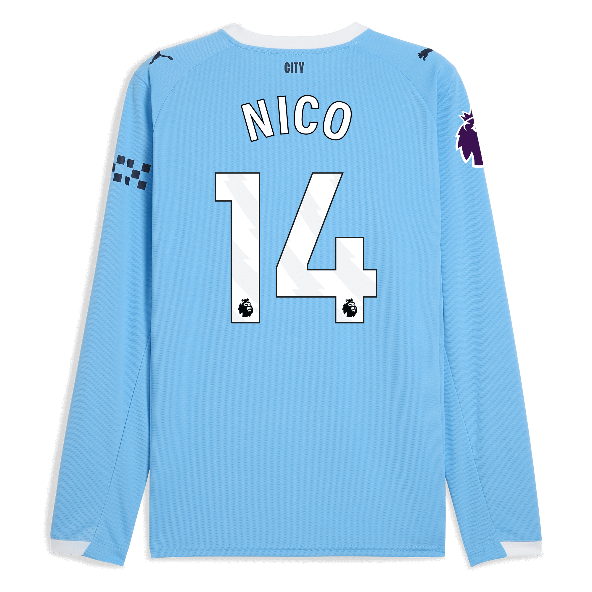 manchester city premier league home jersey 202526 long sleeve with nico 14 printing Manchester City Shirts | Official Team Gear